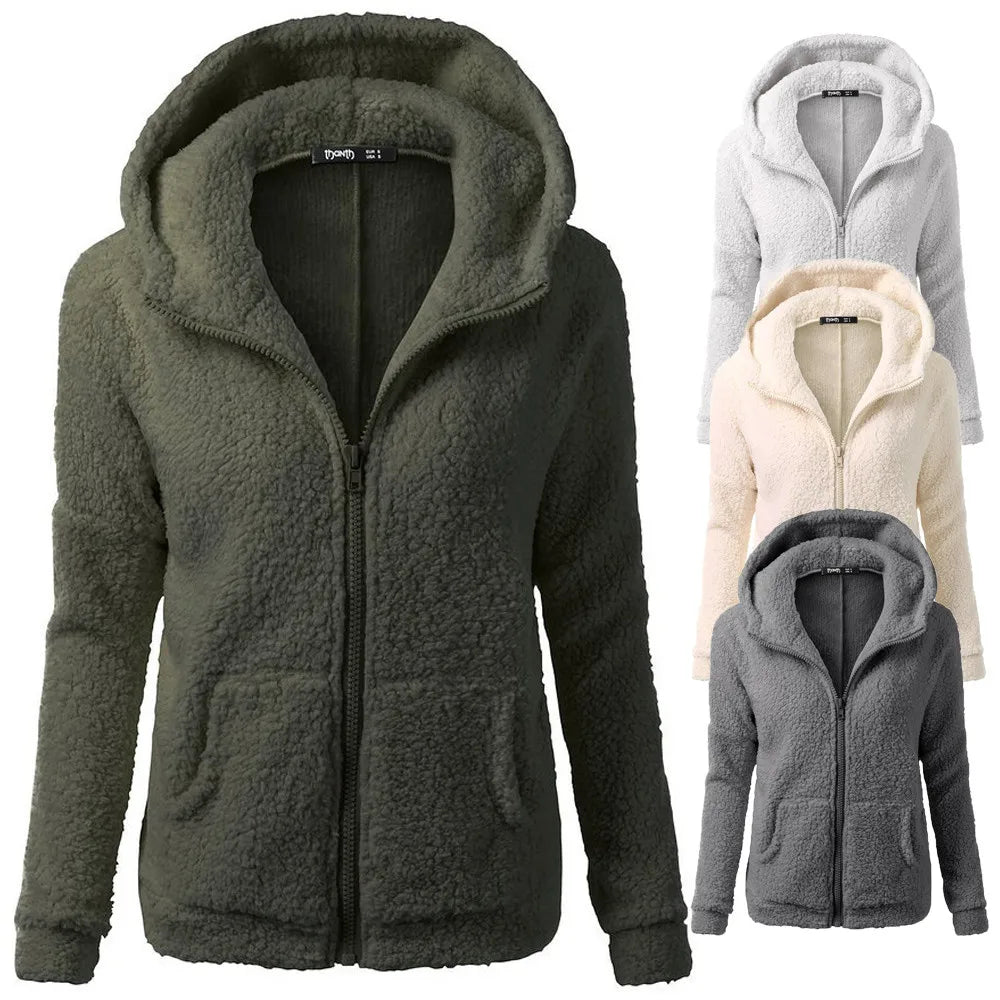 Women'S Solid Color Sweatshirt Loose Hooded Plush Zip Up Jacket Top