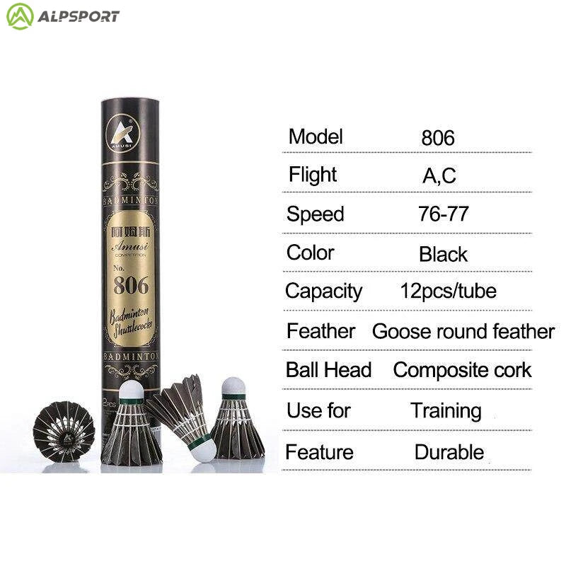 ALP 806 Badminton Shuttlecocks 12Pcs Black Goose Feather Badminton Balls for Training Badminton Sports 77 76 Speed Shuttlecock