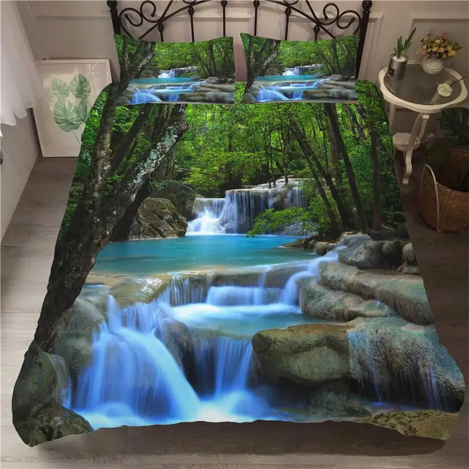 Waterfall Duvet Cover Set Natural Scenery Quilt Cover Pillowcase Landscape Forest Queen Size Polyester Bedding Set