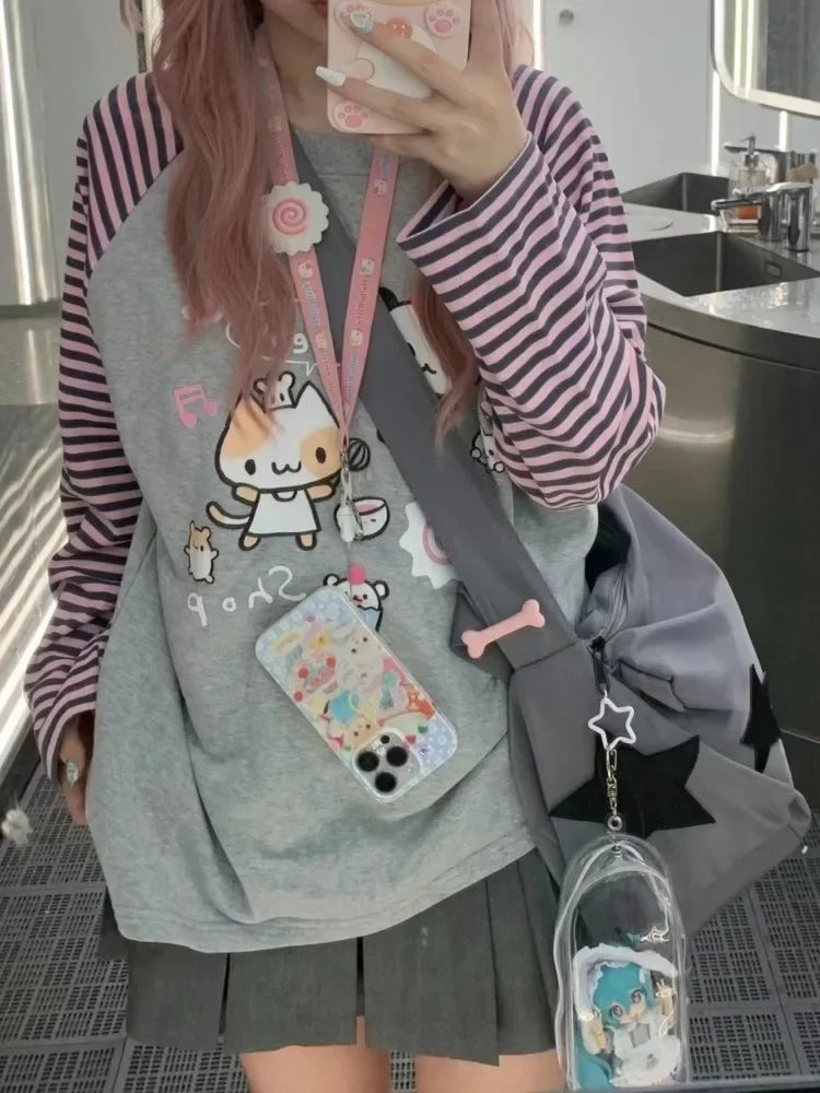 Women Hoodie Japanese Fashion Patchwork Cartoon Print Sweatshirt