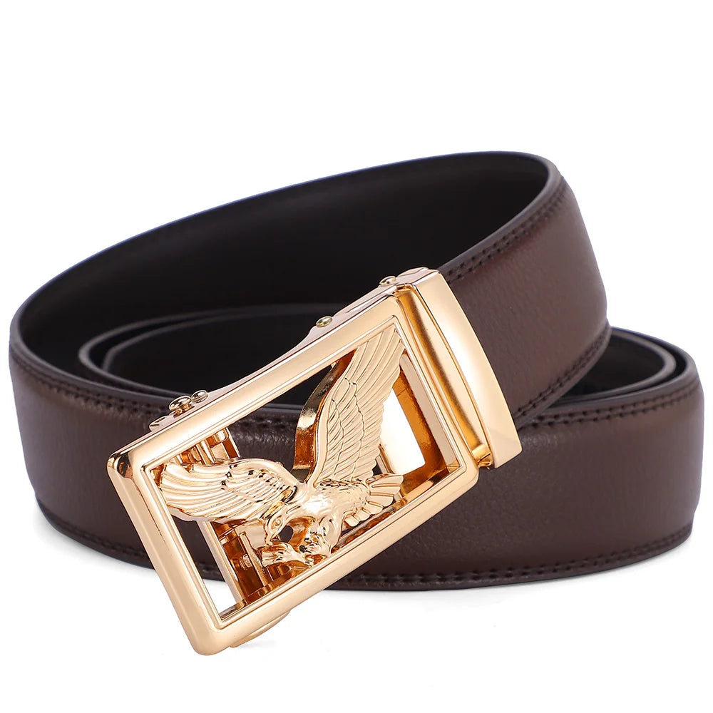 Genuine Leather Men's Belt Golden Gary Automatic Eagle Buckle High Quality