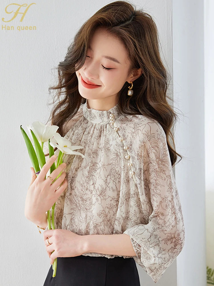 H Han Queen 2023 Autumn Tops Female Blouses Fashion Nail Beads Print Simple Shirt Korean Casual Blouse Occupation Women Blusas - Hiron Store