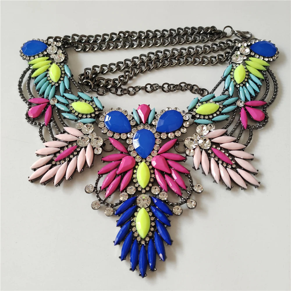 Colorful Acrylic Leaf Indian Statement Crystal Rhinestone Large Collar Choker Necklace Earrings Jewelry Sets 2024