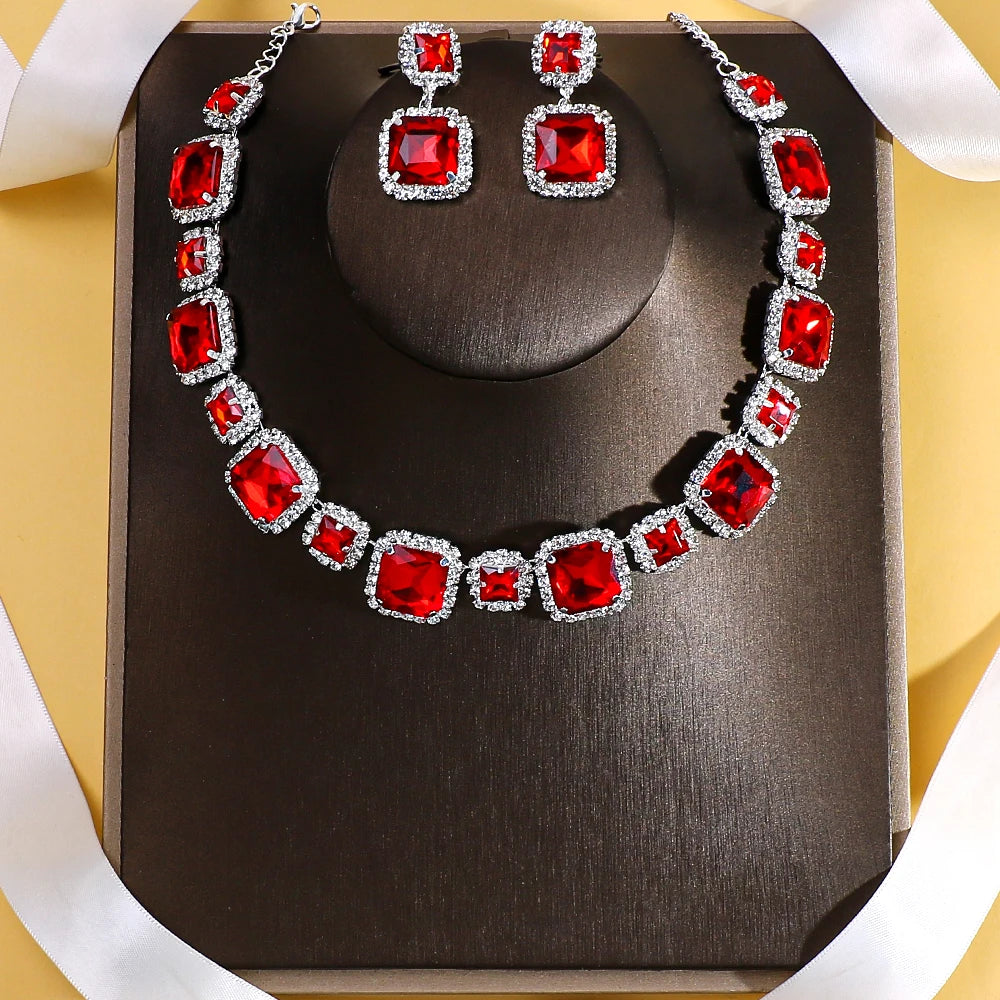 Red Square Crystal Necklace Earrings Set Large Bridal Jewellery Sets