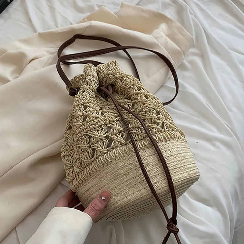 Chic Bucket Shape Crossbody Shoulder Bags Handmade Straw Hollow out Bag Pouch Female Travel Phone Purse Vintage Handbags - Hiron Store