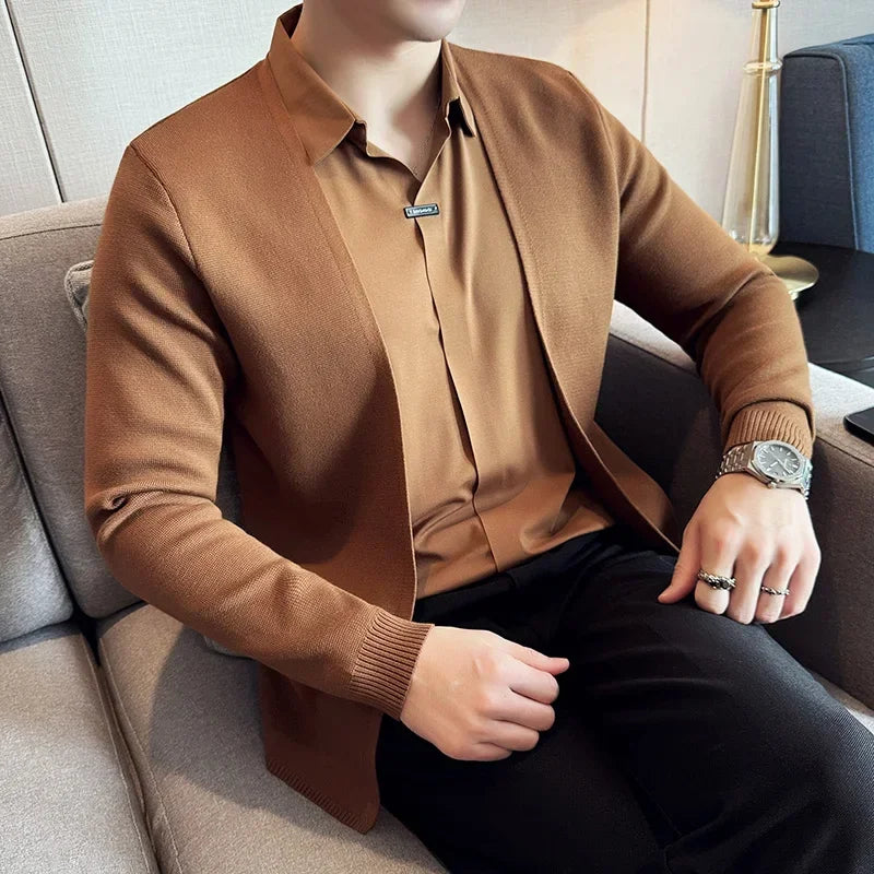 Autumn New Fake 2 Pieces Knitted Cardigan, Shirt Collar Spliced Casual Pullovers,  Slim Sweater Coats 4XL-M