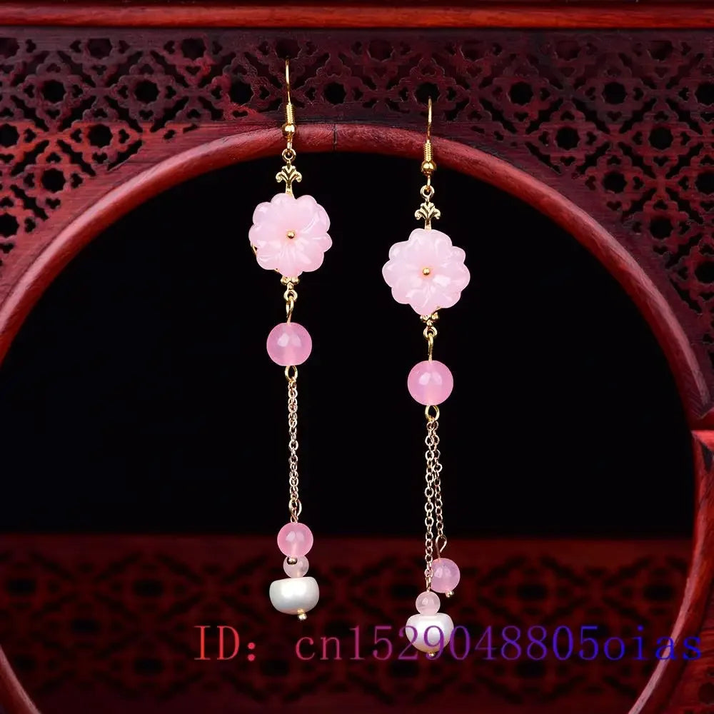 Pink Jade Flower Earrings Chalcedony Gemstone Charm Crystal Jewelry