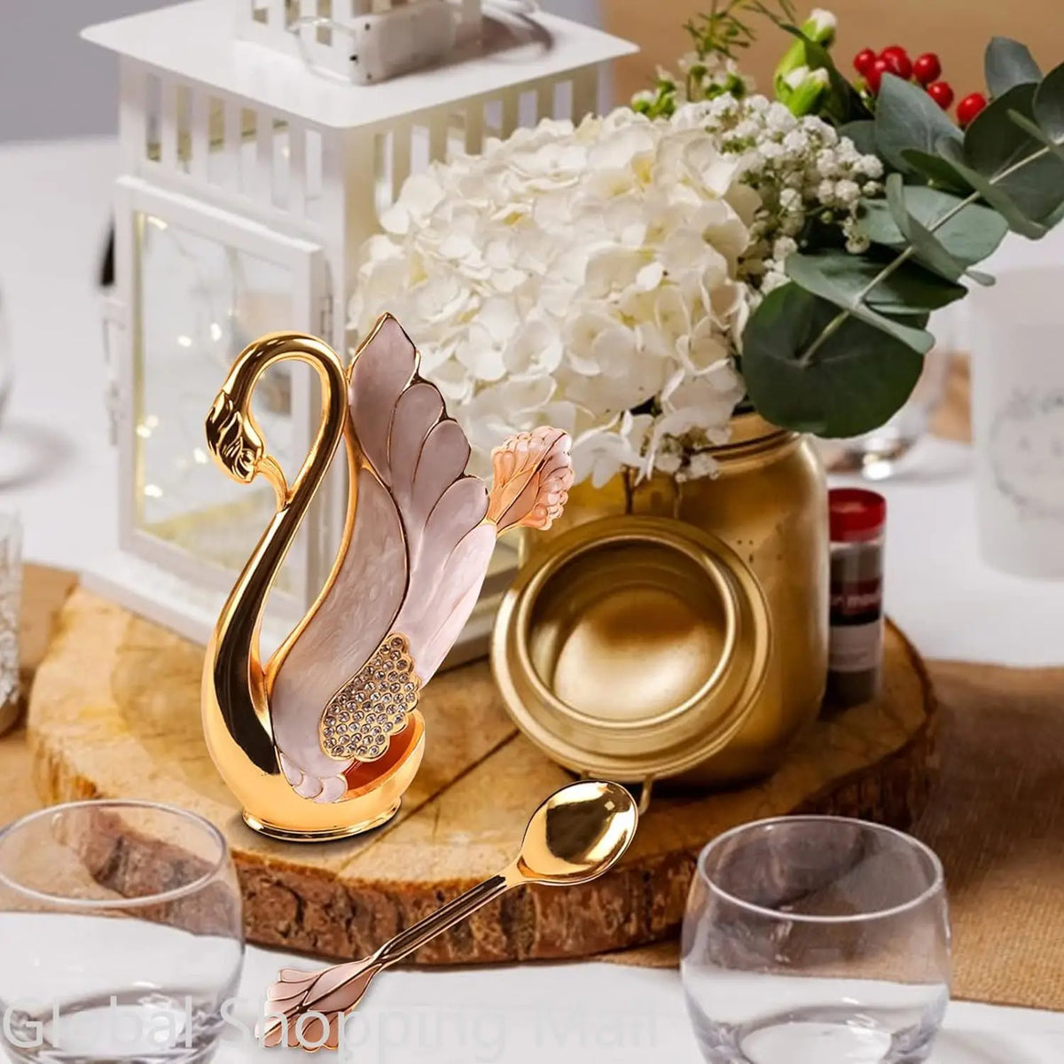 Metal Swan Base Holder, Tableware Organizer with 6 Spoons or Forks, Small Delicate, for Coffee, Fruit Desser,t Ice Cream Cake