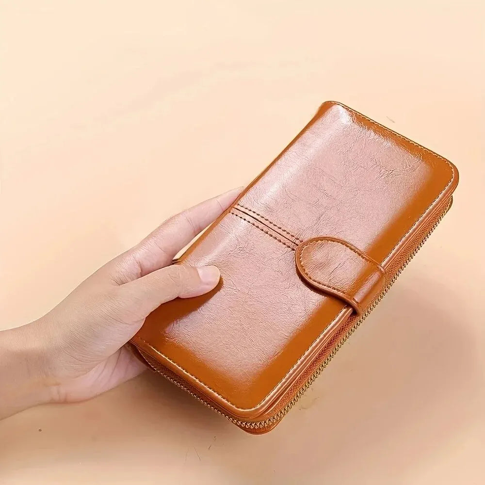 Women's Vintage Oil Wax PU Leather Clutch Wallet Female Large Capacity Phone Card Holder Pouch Bag