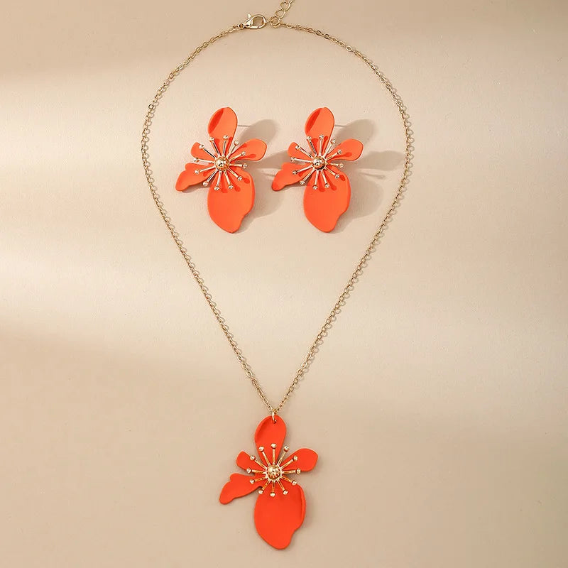 Korean Necklace Earring Jewelry Set Designer Enamel Flower Necklace