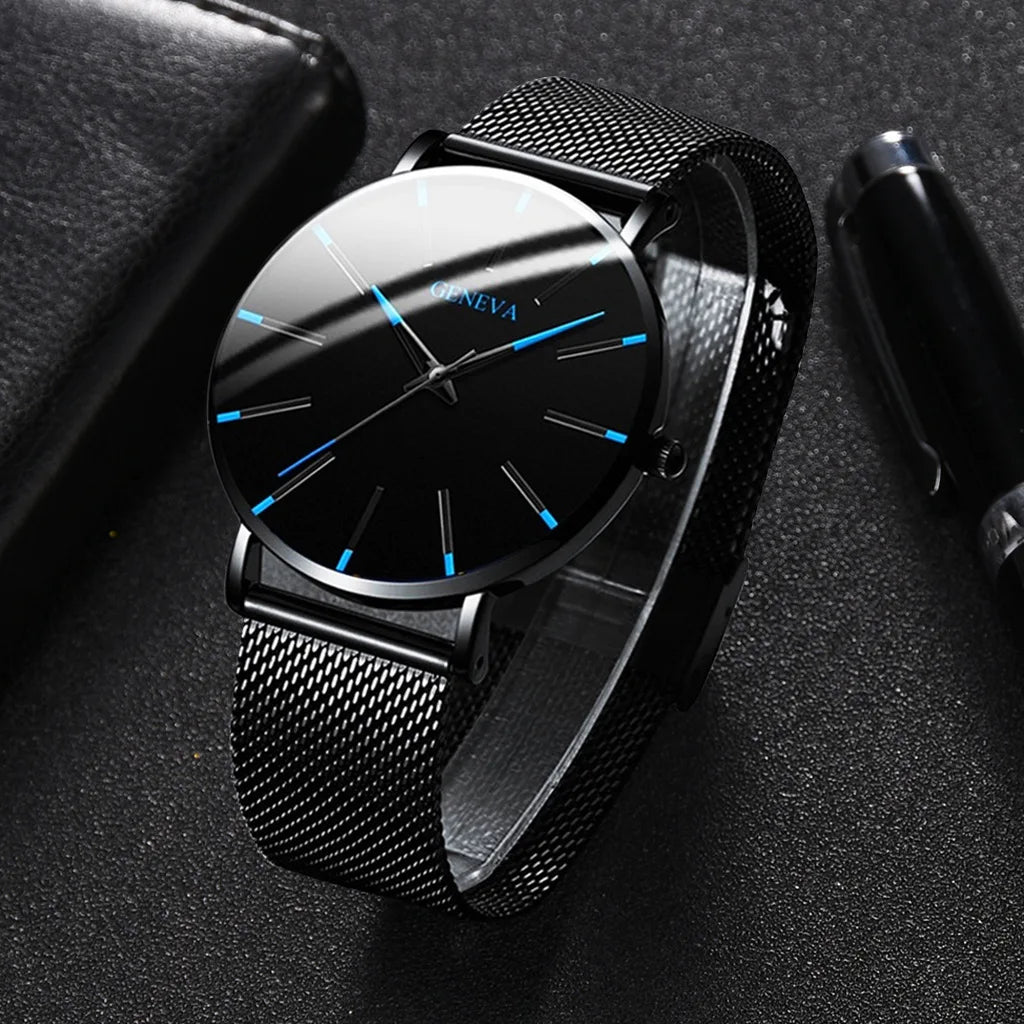 Black Watches Luxury Stainless Steel Ultra Thin Mesh Belt Quartz Wrist Watch