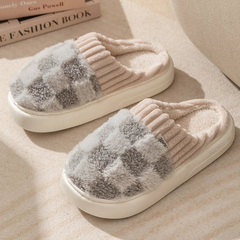 Fashion Couple Winter Toe Wrap Warm Plaid Cotton Slippers Thick Soft Sole Slides Men Women Indoor Floor Flat Home Non-slip Shoes - Hiron Store