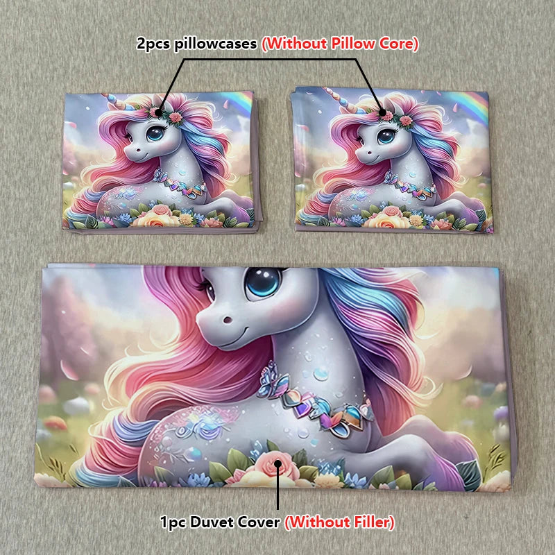 3PC Cartoon Unicorn Comfortable Bedding Set 1Duvet Cover & 2 Pillowcases Polyester Fiber 3D Digital Printing