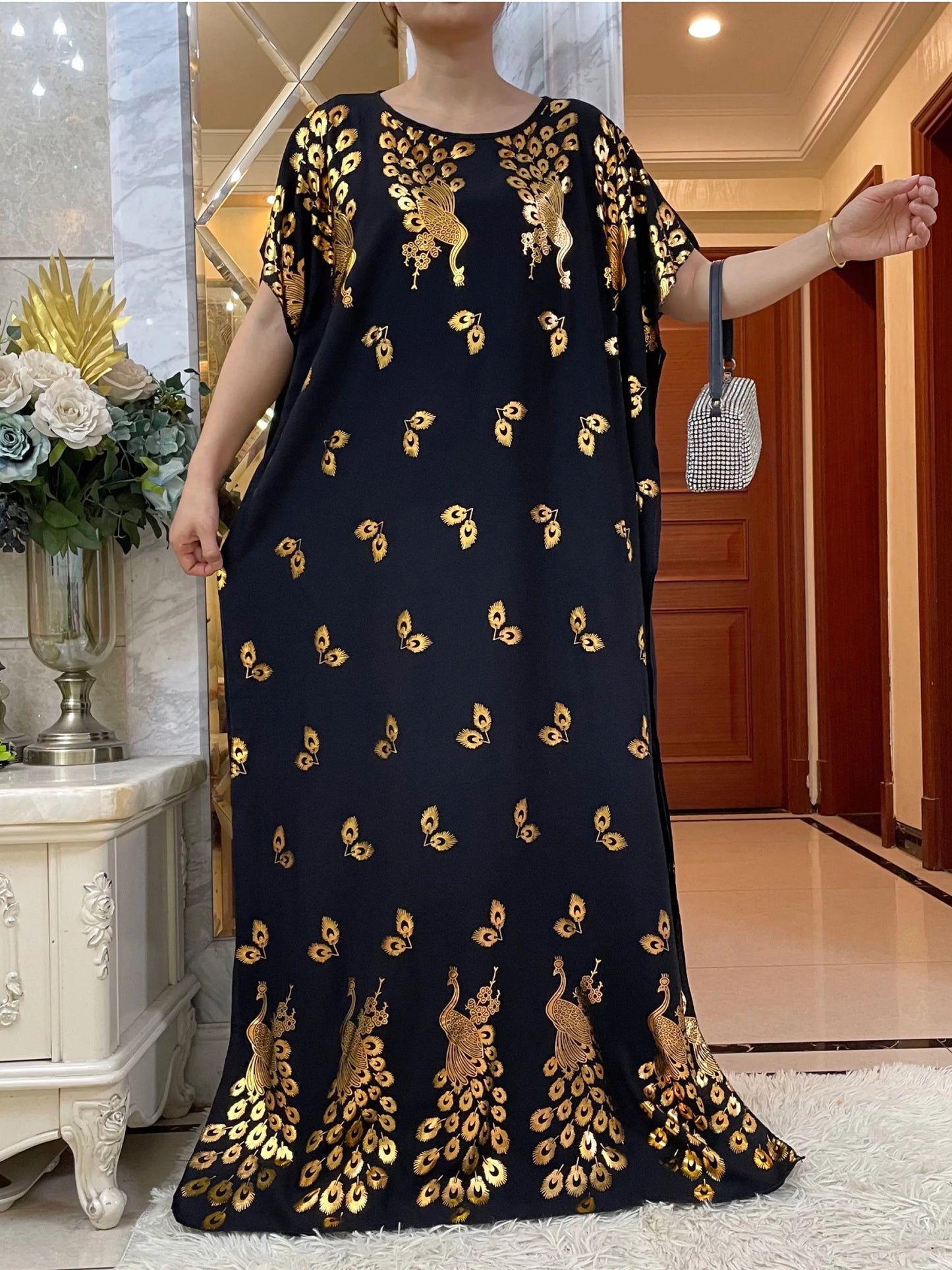 Short Sleeve Cotton Robe Gold Stamping  Boubou Maxi Islam Femme Dress African Abaya