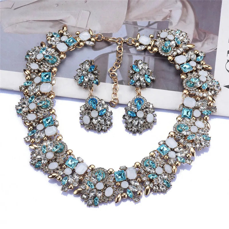 White Crystal Rhinestone Choker Necklace Earrings Women Jewelry Sets