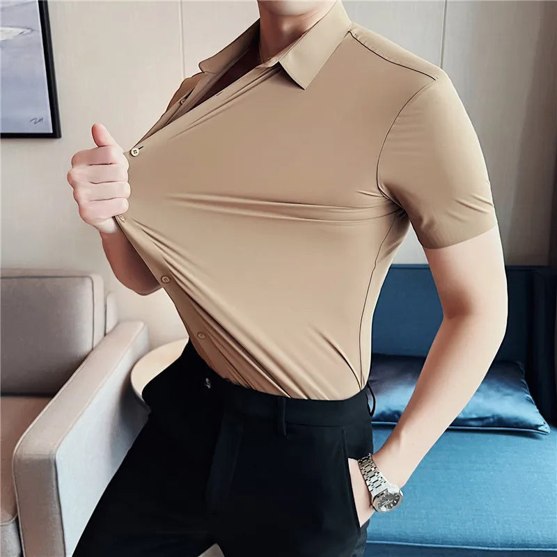 Men's Ultra Stretch  Long Sleeve Shirt, Top Quality Business Casual, Breathable   Solid Color Formal Dress Shirt