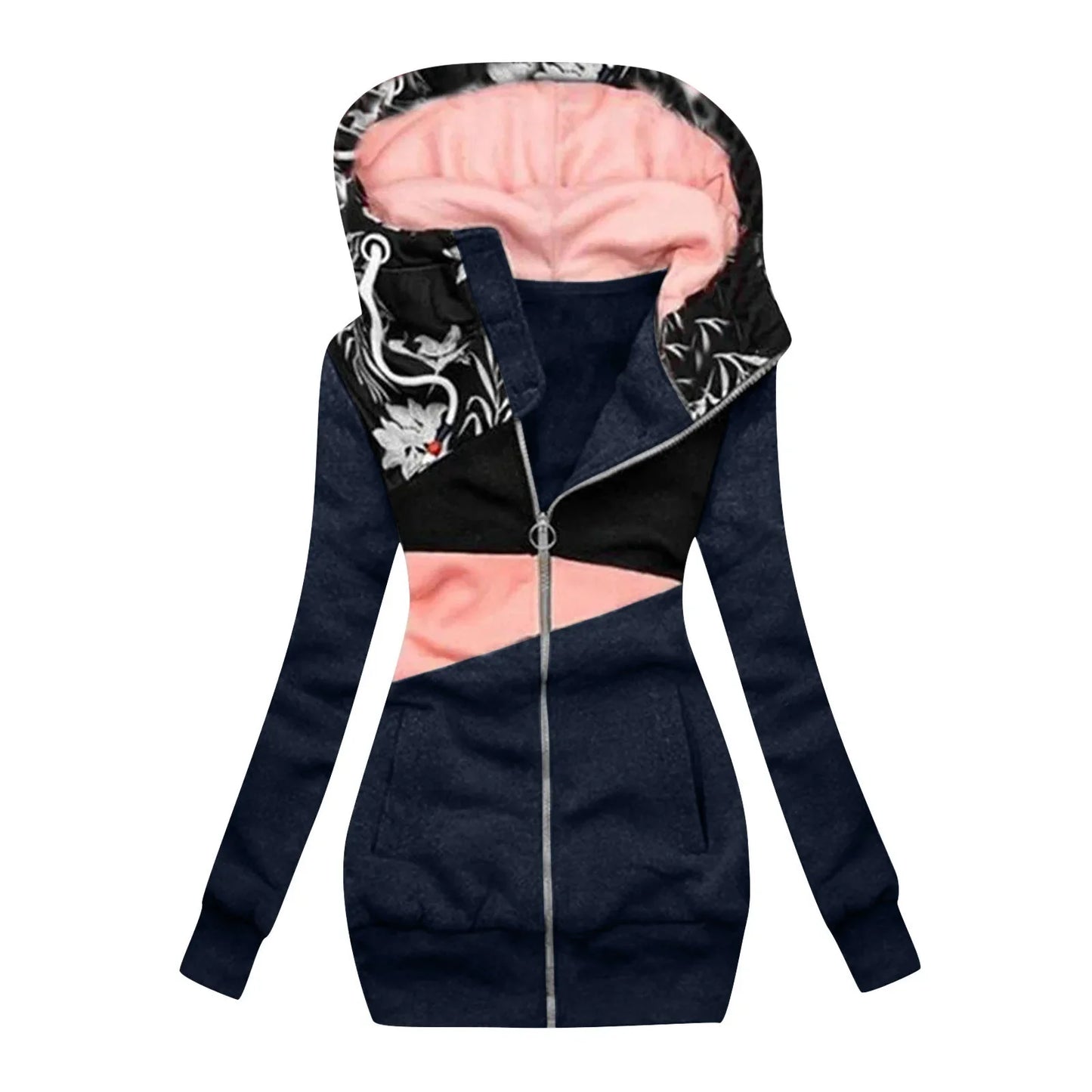 Women's Clothing Sweatshirt Zipper Color Block Printing Hooded Long Sleeve Jacket