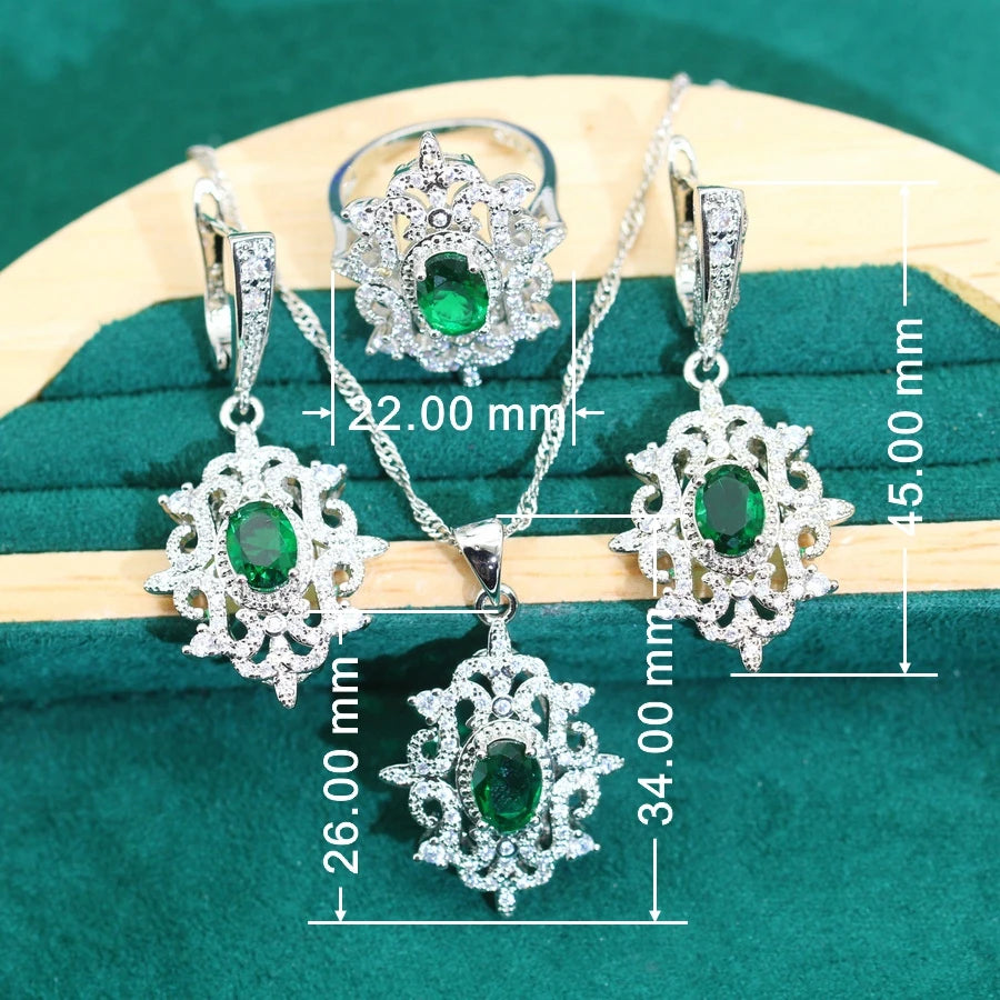 Wedding Silver 925 Jewelry Sets Women Dubai Green Zircon Bride EarringsRing Bracelet Necklace