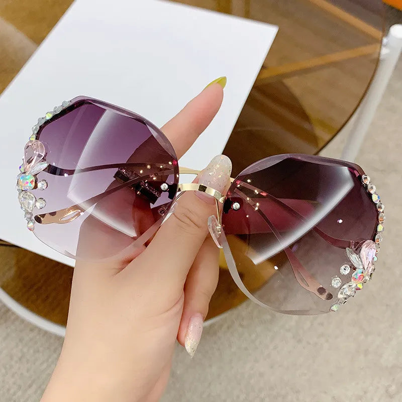 Luxury Fashion Oversized Rimless Sunglasses Women Fashion Brand Designer Big Frame Diamond Square Sun Glasses For Female - Hiron Store