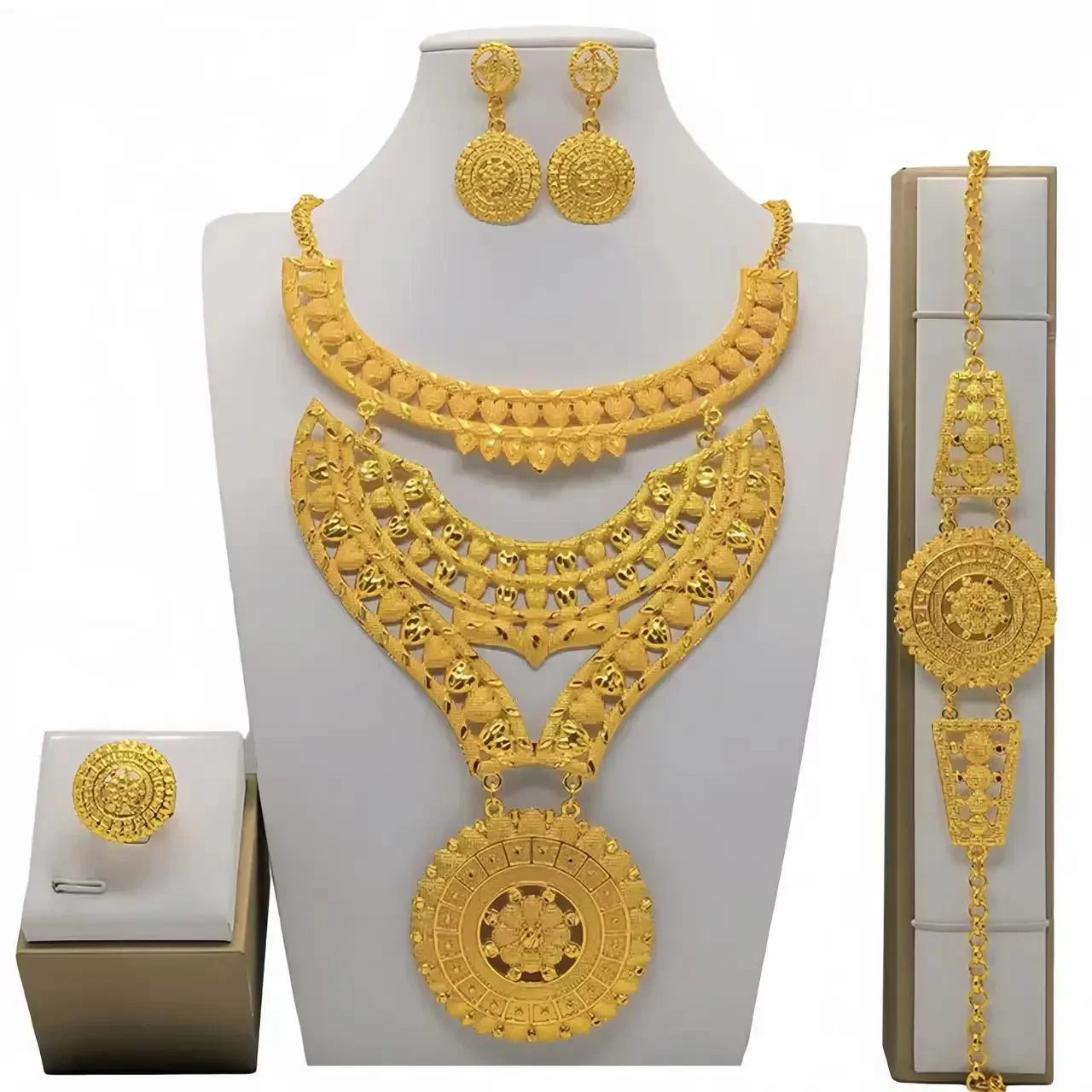 Fashion India Latest Design Jewelry Luxury African Jewelry Necklace Earrings Ring Bracelet Set Dubai Gold Color