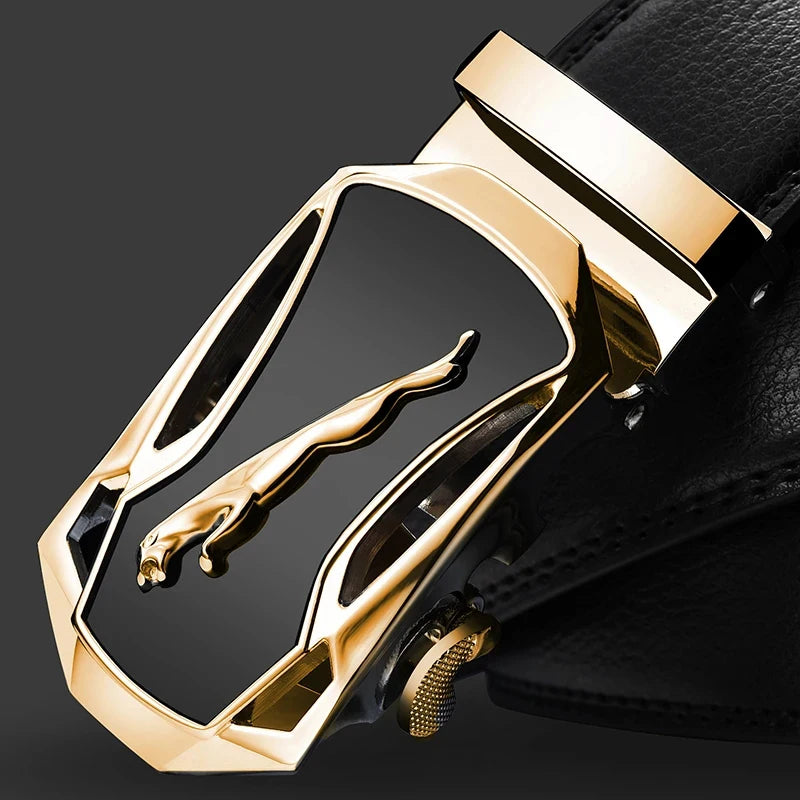 genuine leather men's designer belt Jaguar pattern alloy automatic buckle