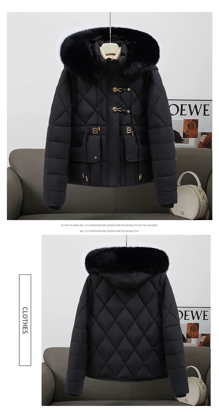 2026 New Women's down Cotton Jacket Short Thickened Large Fur Collar Loose Winter Coat