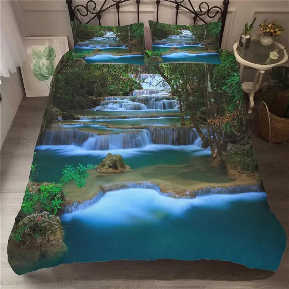 Waterfall Duvet Cover Set Natural Scenery Quilt Cover Pillowcase Landscape Forest Queen Size Polyester Bedding Set