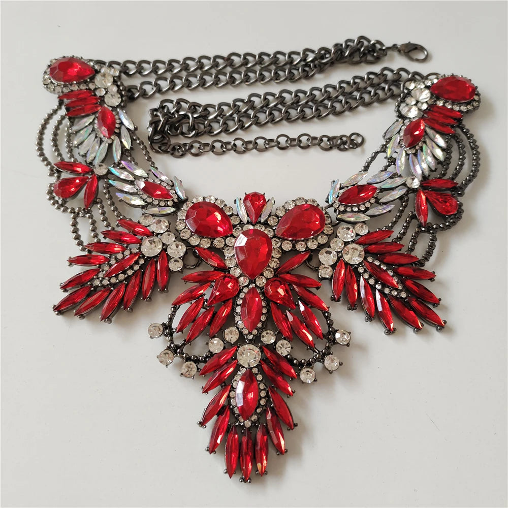 Colorful Acrylic Leaf Indian Statement Crystal Rhinestone Large Collar Choker Necklace Earrings Jewelry Sets 2024