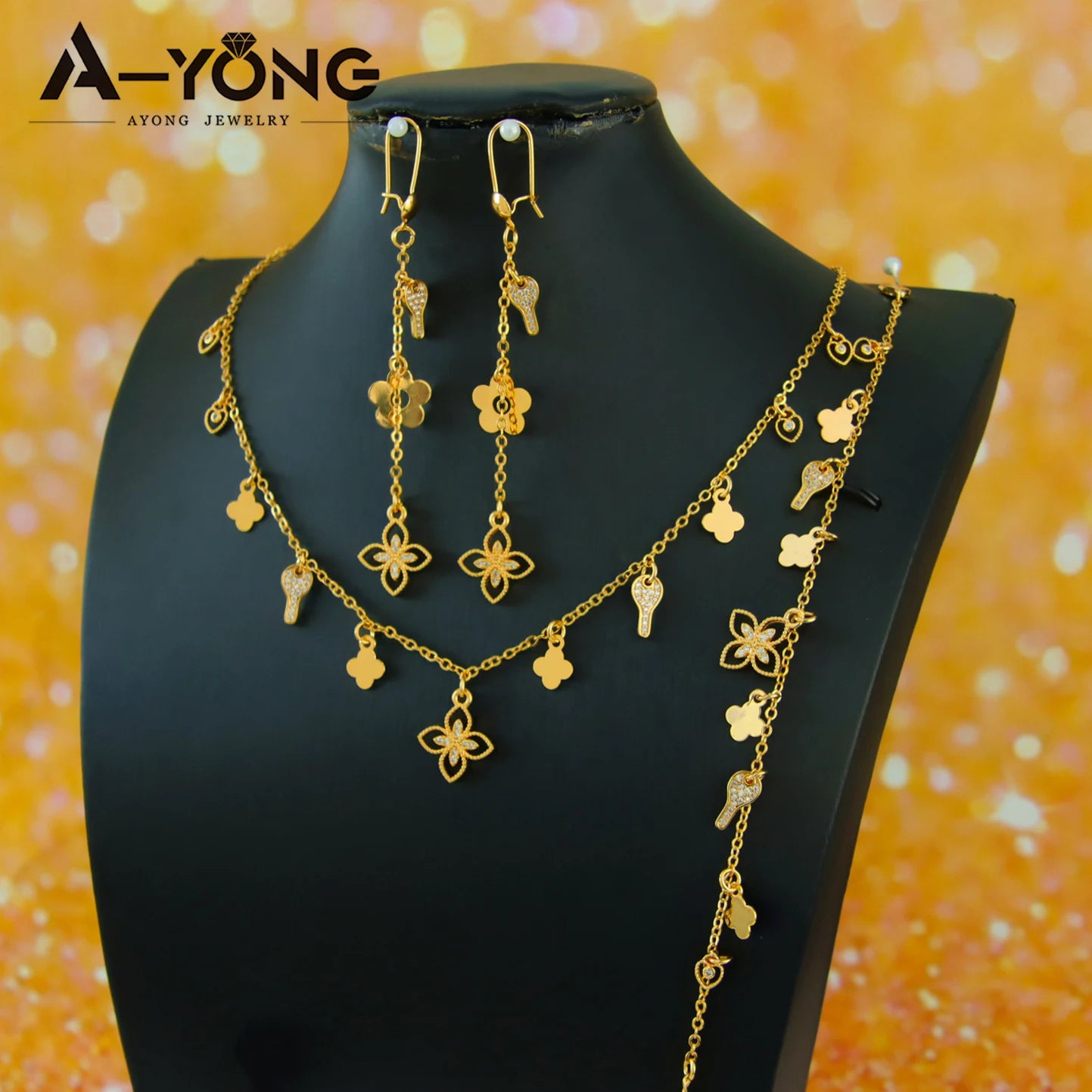 Italian Elegant Gold Color Bead Flower Necklace Set 21k Gold Plated Dubai French Women Bridal Cocktail Party Jewelry