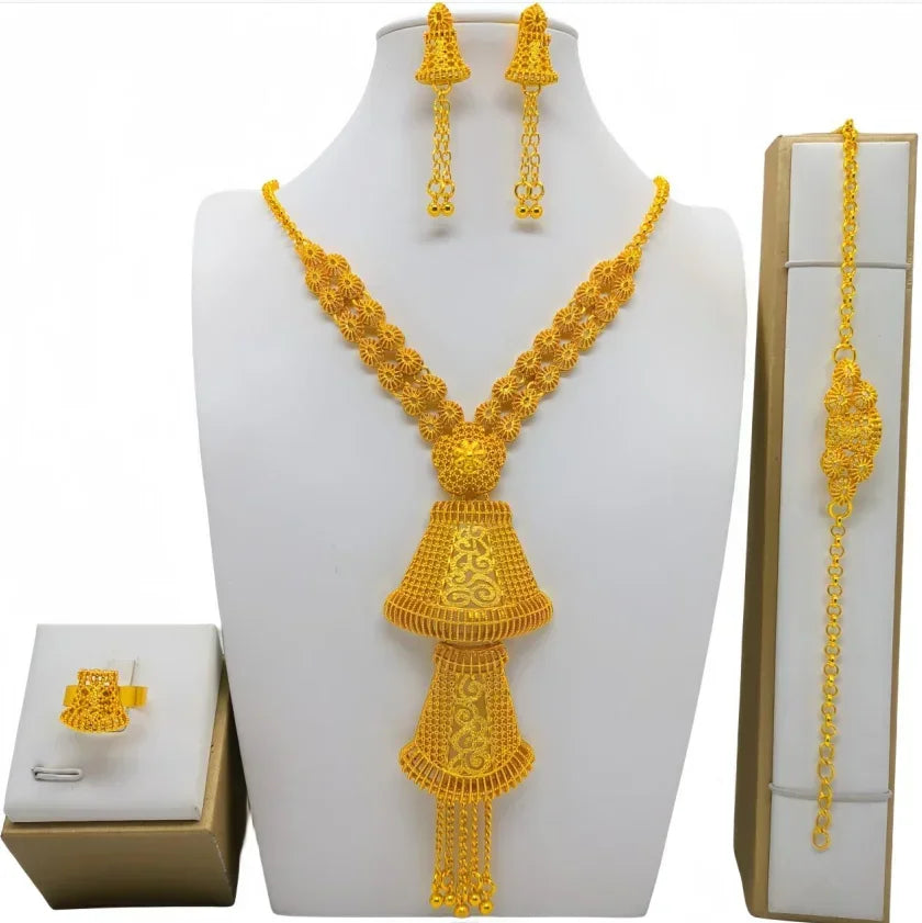 Fashion India Latest Design Jewelry Luxury African Jewelry Necklace Earrings Ring Bracelet Set Dubai Gold Color