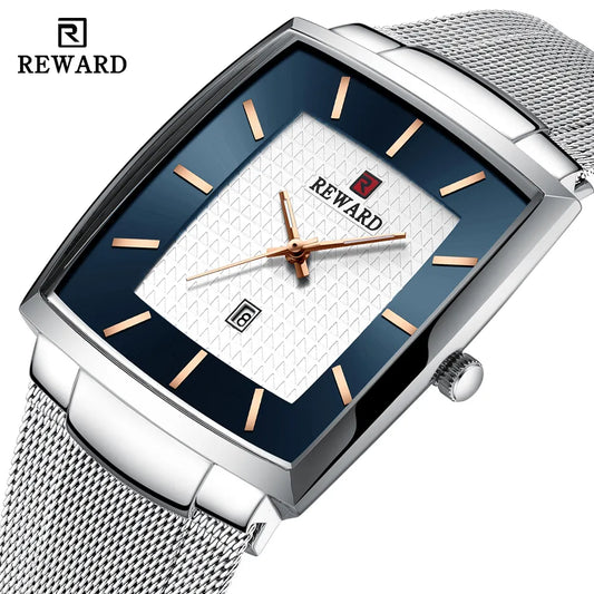 Watches Men Luxury Square Blue Men's Wristwatch Stainless Steel Waterproof Quartz Clock