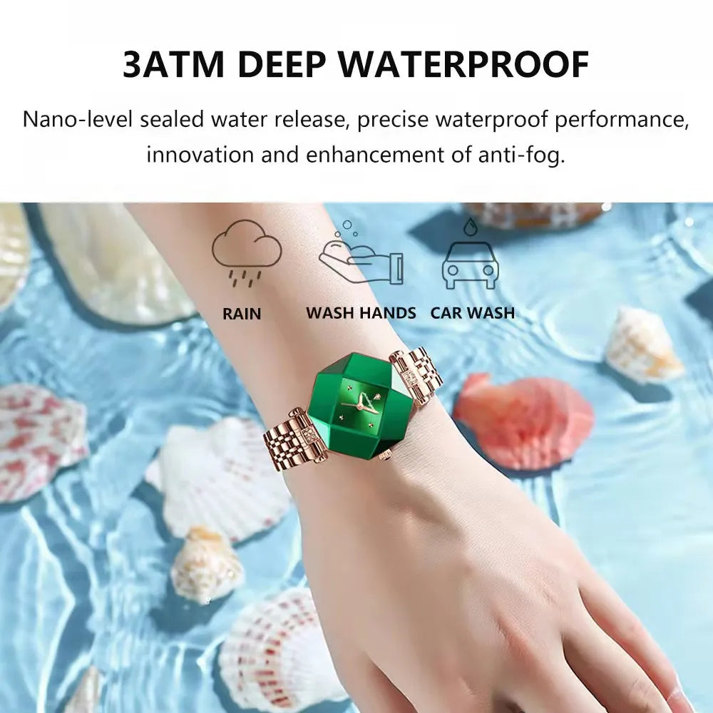 High Quality Luxury Women's Watch Diamond Quartz Waterproof Ladies Green Leather Watches