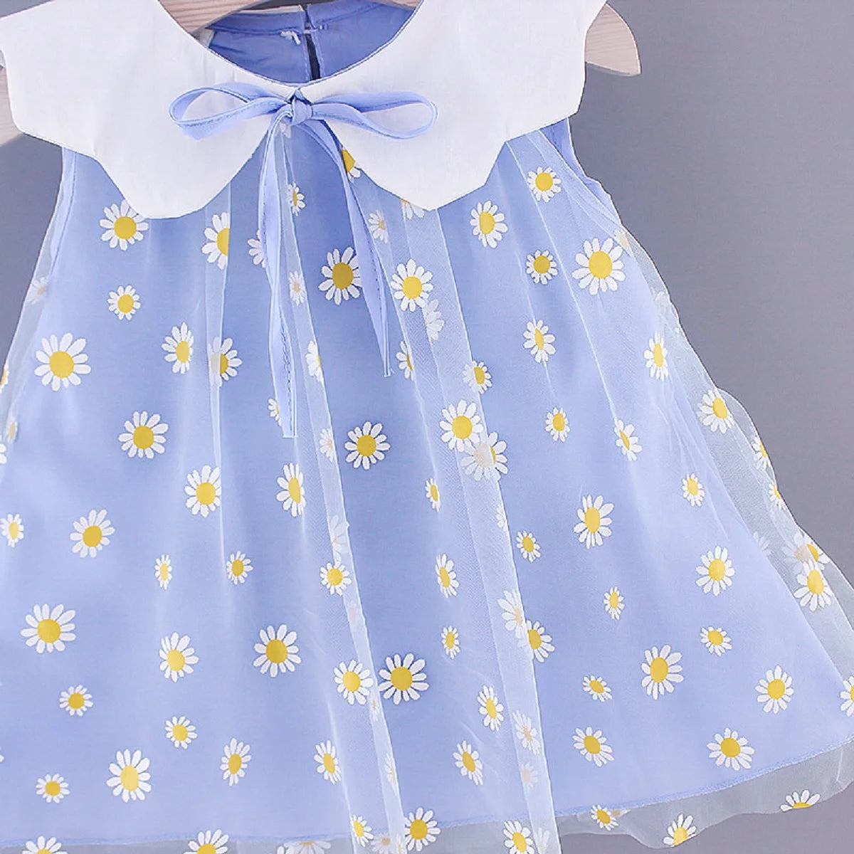 Summer girls' small daisy printing mesh doll collar sleeveless sweet dress