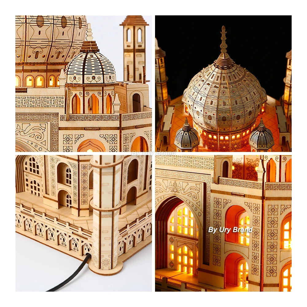 Wooden Puzzle House Royal Castle Taj Mahal With Light Assembly Toy For Kids Adult Model Kits Desk Decoration for Gifts