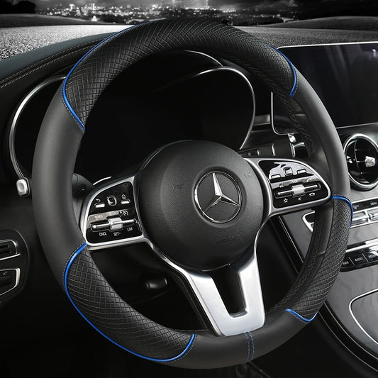 Full leather stitching line car steering wheel cover, Three-dimensional anti slip, Timple and fashionable. Suitable for car deco - Hiron Store