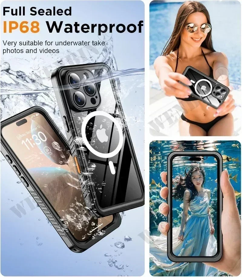 Waterproof Case For iPhone Pro Max Plus Full Body Protective Cover Swim Underwater Diving Magsafe Magnetic