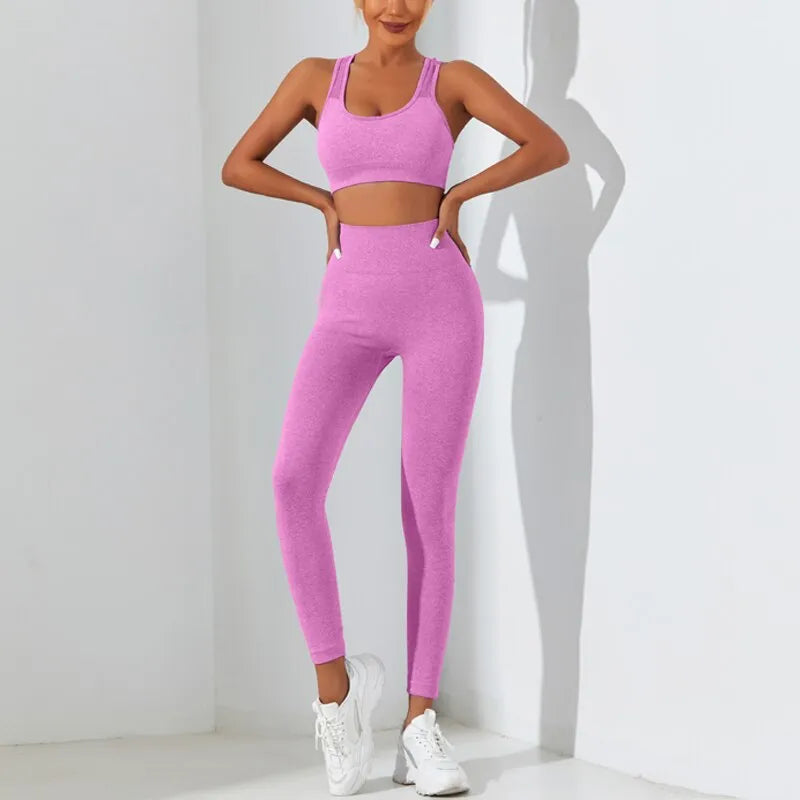 Yoga Basic 2pcs Seamless High Stretch Yoga Set Tracksuit Gym Set Crisscross Back Cami Hip-hugging Tummy Control Leggings - Hiron Store