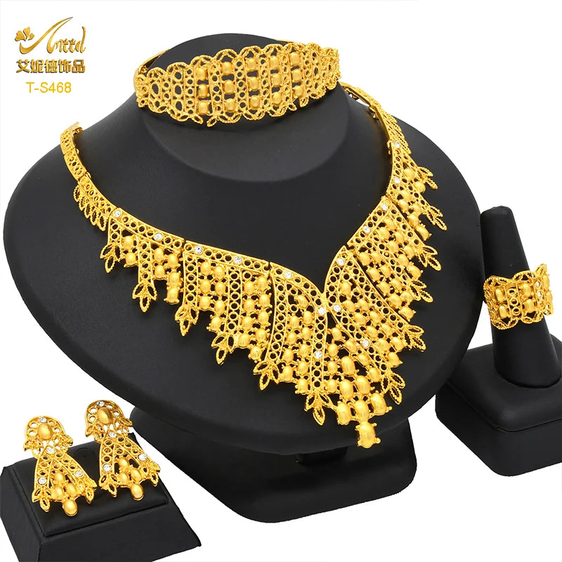 ANIID African Jewelry Set Dubai Gold Color 24K Luxury Bridal Earrings And Choker Set Wedding Ethiopian Jewelry Party Gifts