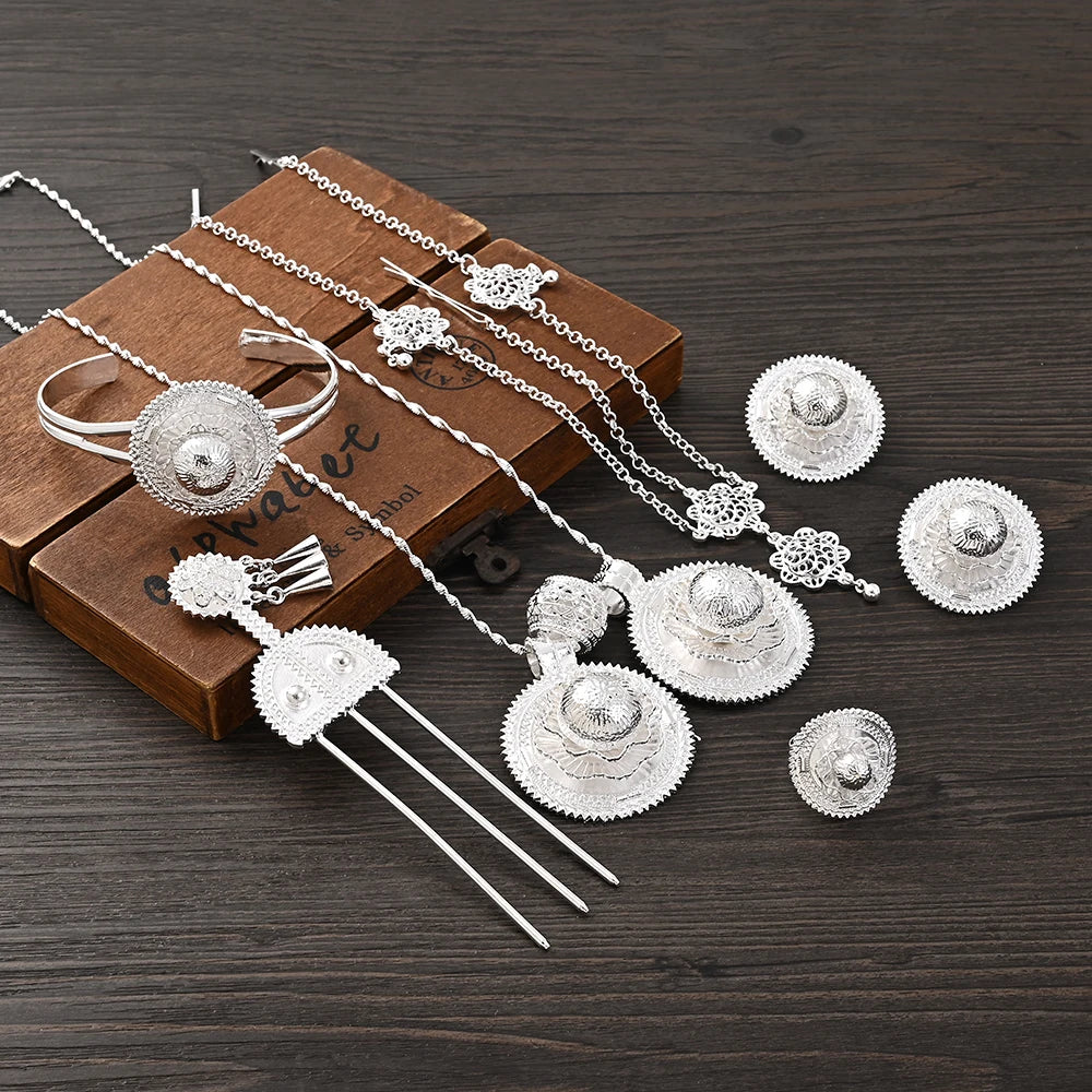 Silver Color Bridal Jewelry Sets Women Ethiopian Pendant Hairpin Necklace Earrings Bangle Ring Arab Wedding Party Gift