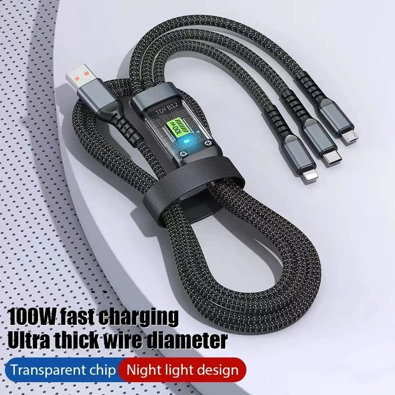 3 In 1 100w Transparent Fast Charging Cable Type C Usb Micro For Huawei OPPO Vivo Samsung Xiaomi Pilot Lamp Charger Usb C 6A