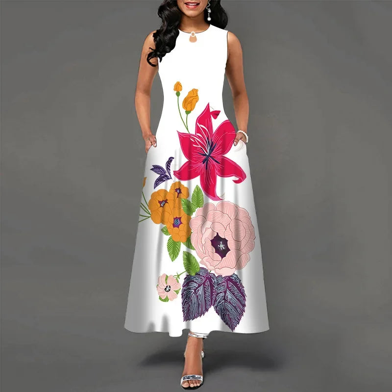 Flower Print New Casual Sleeveless Long Dress Women's V-Neck Printed Dress Swing Bohemian Retro Dresses - Hiron Store