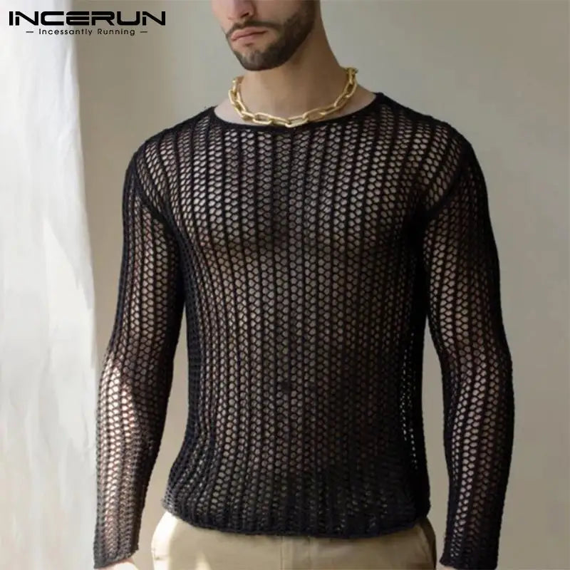 Men Mesh T Shirt Transparent Sexy 2023 O-neck Long Sleeve Men Clothing Streetwear Solid Party Nightclub Camisetas S-5XL - Hiron Store