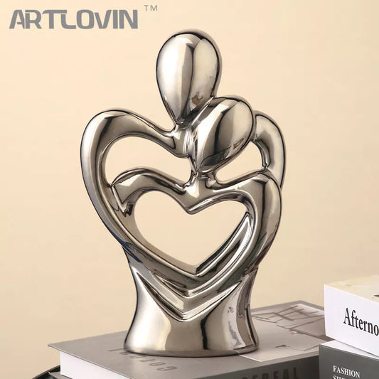 Silver Heart In Heart Sculpture Abstract Ceramic Electroplating Lover Figure Home Decoration