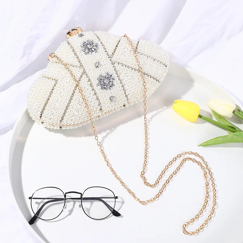 Handmade Bead Embroidery Pearl Rice Beads With Rhinestones Handbag Ladies