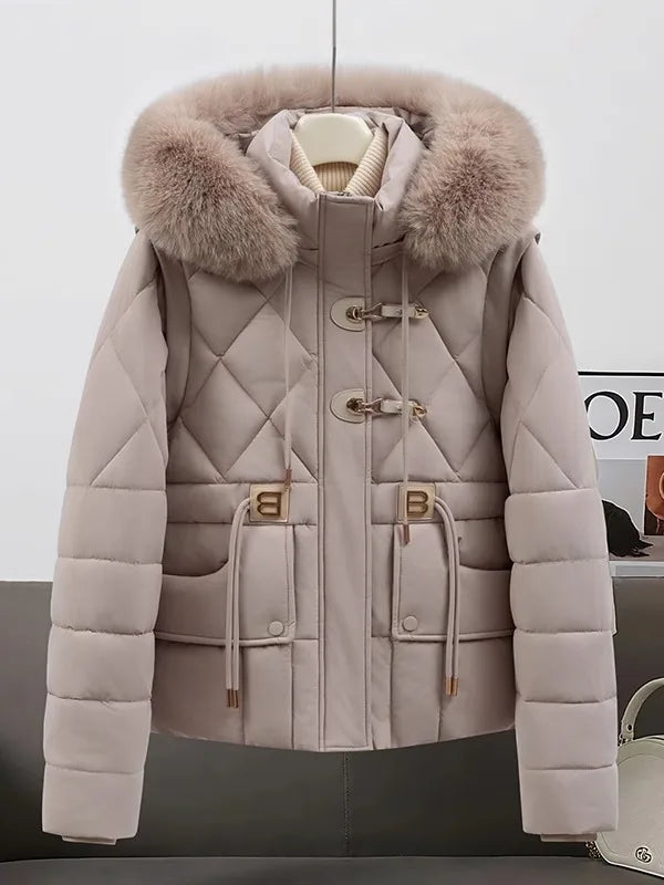 2026 New Women's down Cotton Jacket Short Thickened Large Fur Collar Loose Winter Coat