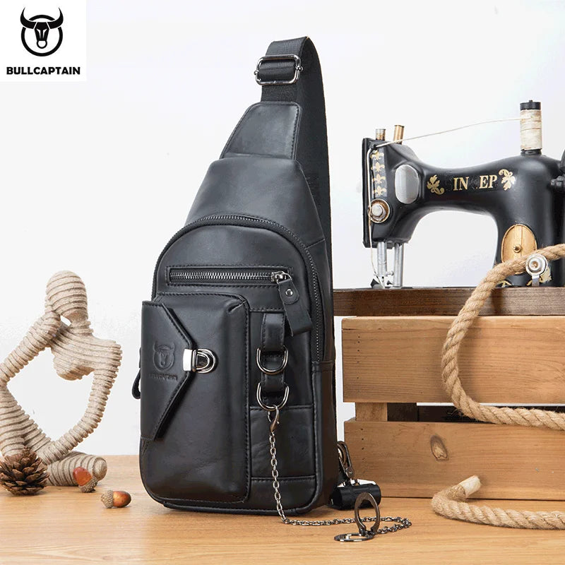 Genuine Leather Men's Chest Bag Shoulder Messenger Bags Chest Fashion Brand Multifunctional Mobile Phone Bag's