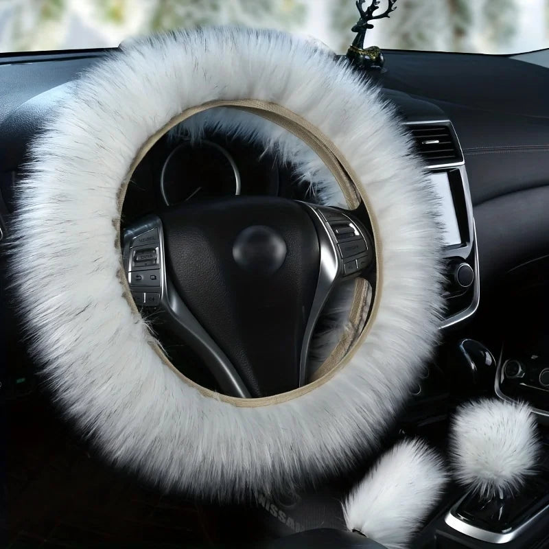 3pcs/set Car Steering Wheel Cover Gear Shift Handbrake Fuzzy Cover Winter Warm Fashion Universal Car Interior Accessories - Hiron Store