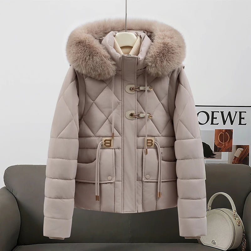 2026 New Women's down Cotton Jacket Short Thickened Large Fur Collar Loose Winter Coat