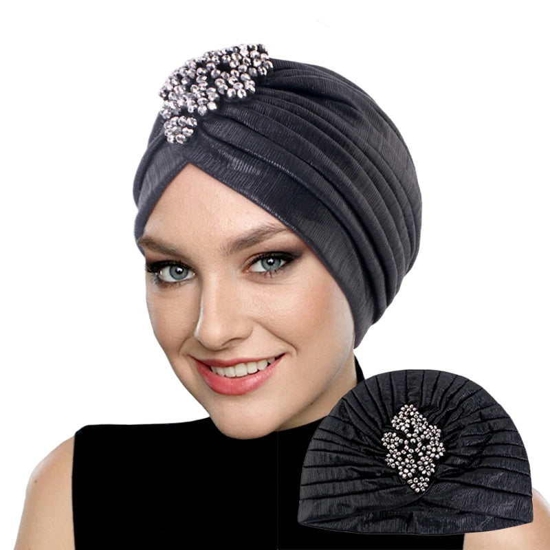 New Women's Luxury Diamond Turban Cap, Elastic Bandana Beanie, Chemo Cap, Muslim, Indian & African Hat Headwear