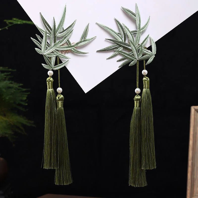 Blue Flower Hairpins Side Clips Retro Chinese Fashion Fringe Jewelry Long Tassel Pendant Headpiece for Women Girls Hanfu Dress - Hiron Store